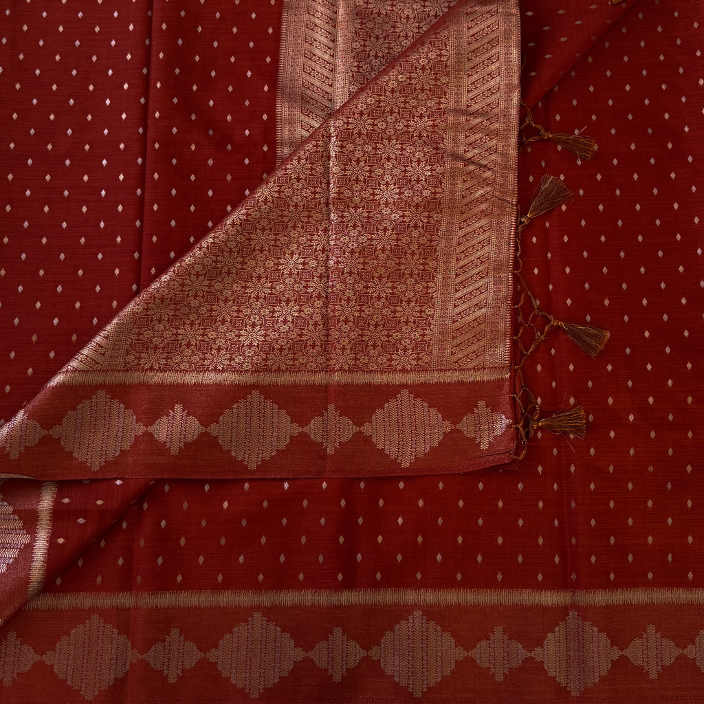 Burnt Orange Brocade Zari Saree Diamond Buti Tassel Pallu Elegant