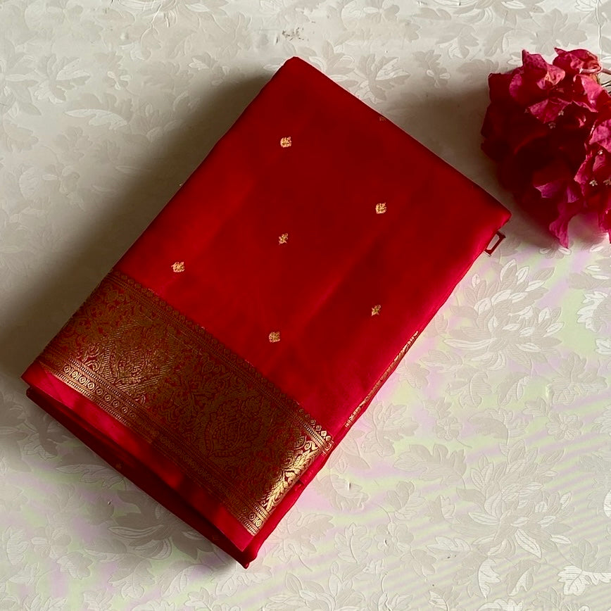 Crimson Red Designer Pure Silk Saree With Antique Gold Brocade