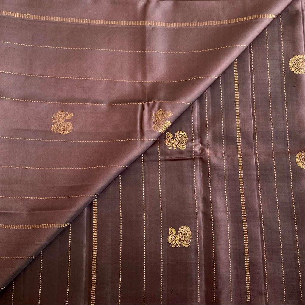 Metallic Chocolate Brown Designer Pure Silk Saree With Parrot Green Pallu