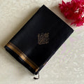 Jet Black Designer Pure Silk Saree With Antique Gold Border And Buta