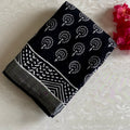 Jet Black Block Printed Soft Linen With Off White & Antique Silver Borders