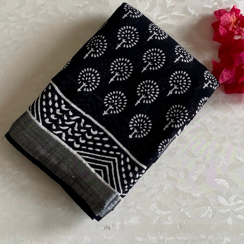 Jet Black Block Printed Soft Linen With Off White & Antique Silver Borders