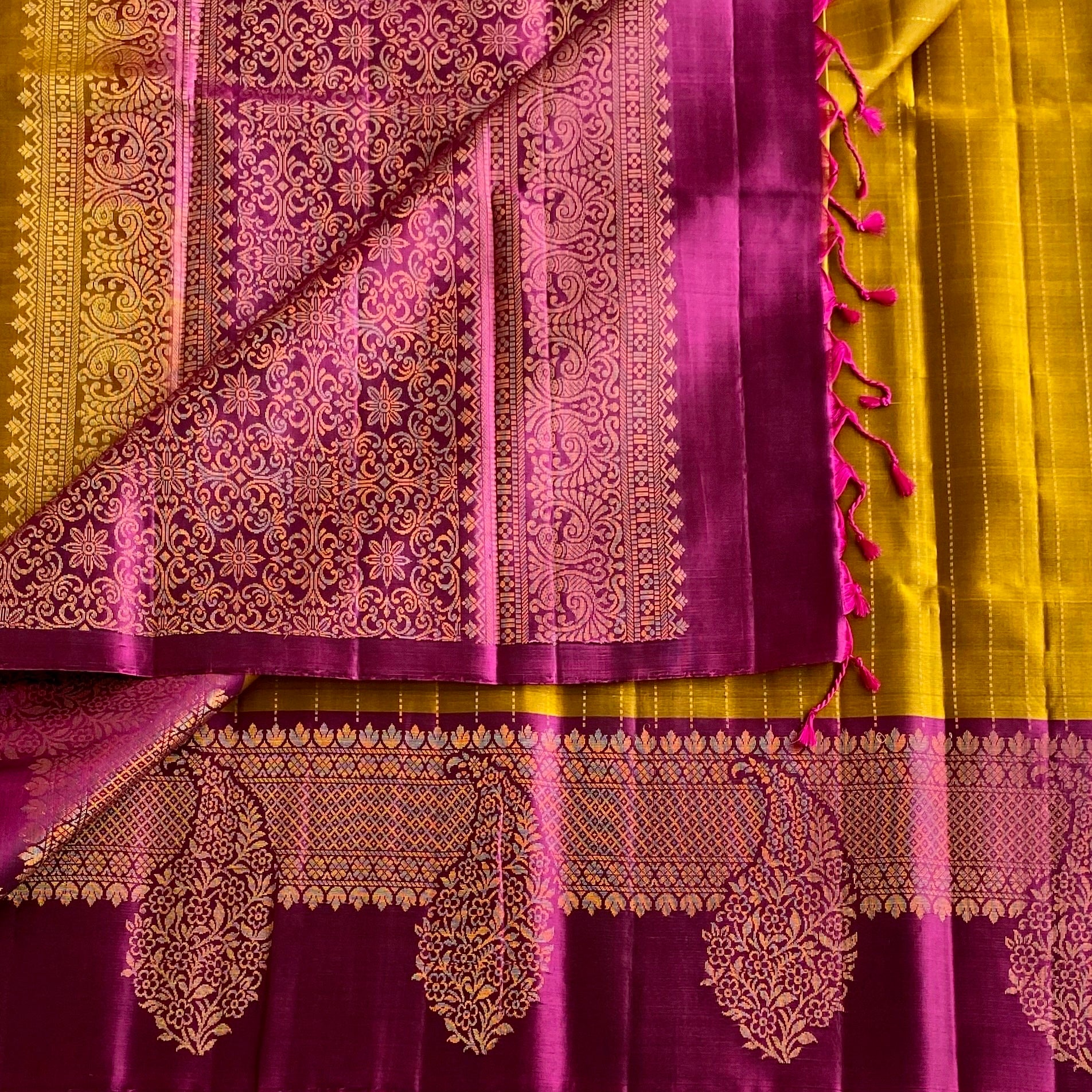 Mustard Gold Designer Pure Silk With Rich Magenta Contrast