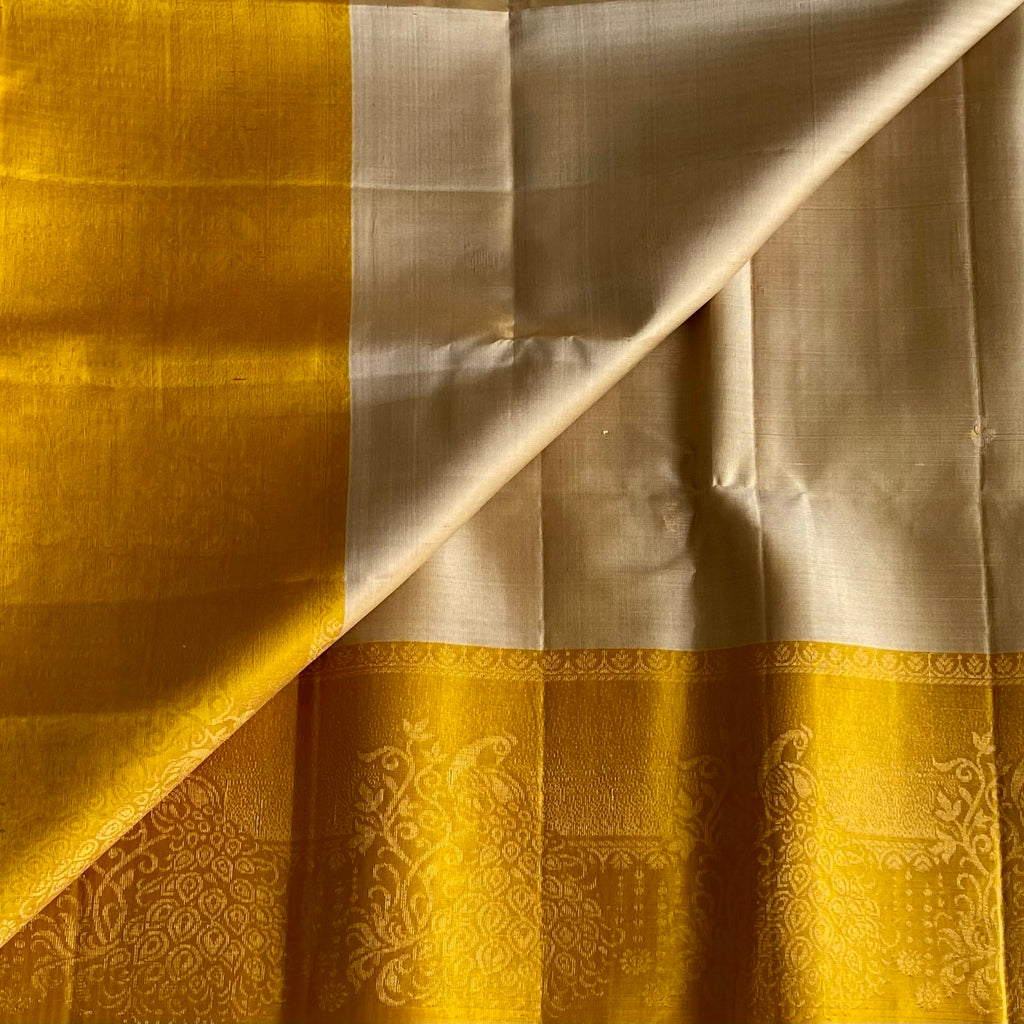 Champagne Beige Designer Pure Silk Saree With Golden Yellow Contrast