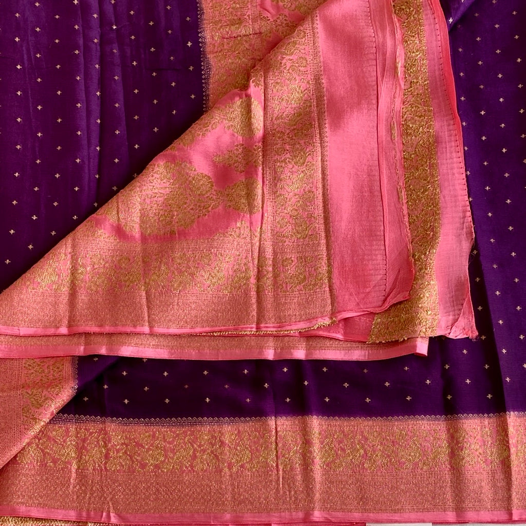 Royal Purple Soft Tussar Silk Saree With Rani Pink Pallu