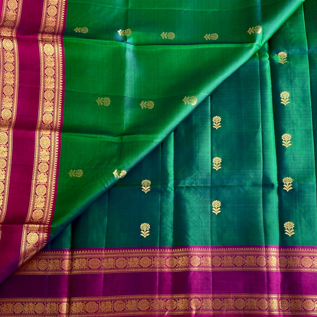 Deep Peacock Green Designer Pure Silk Saree With Rich Magenta Pallu