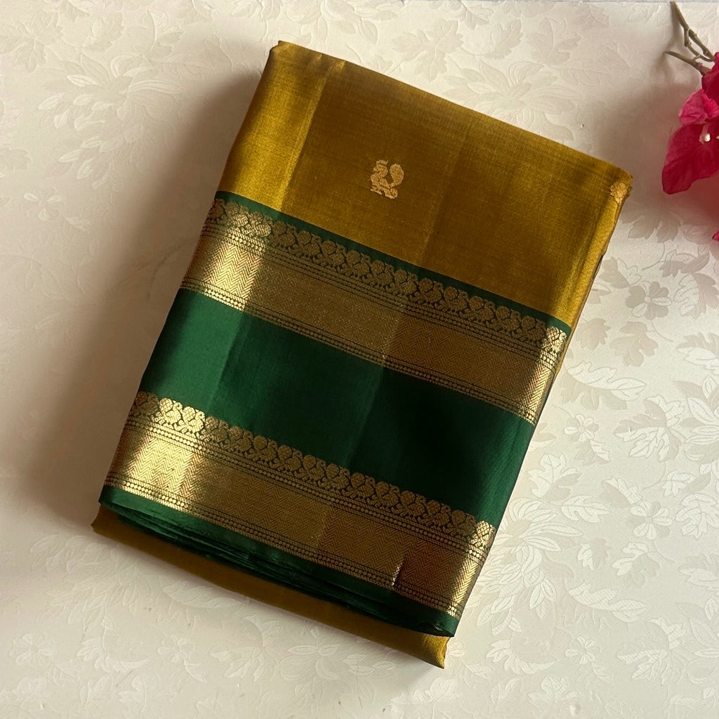 Deep Teal Gold Zari Floral Saree with Mustard Border