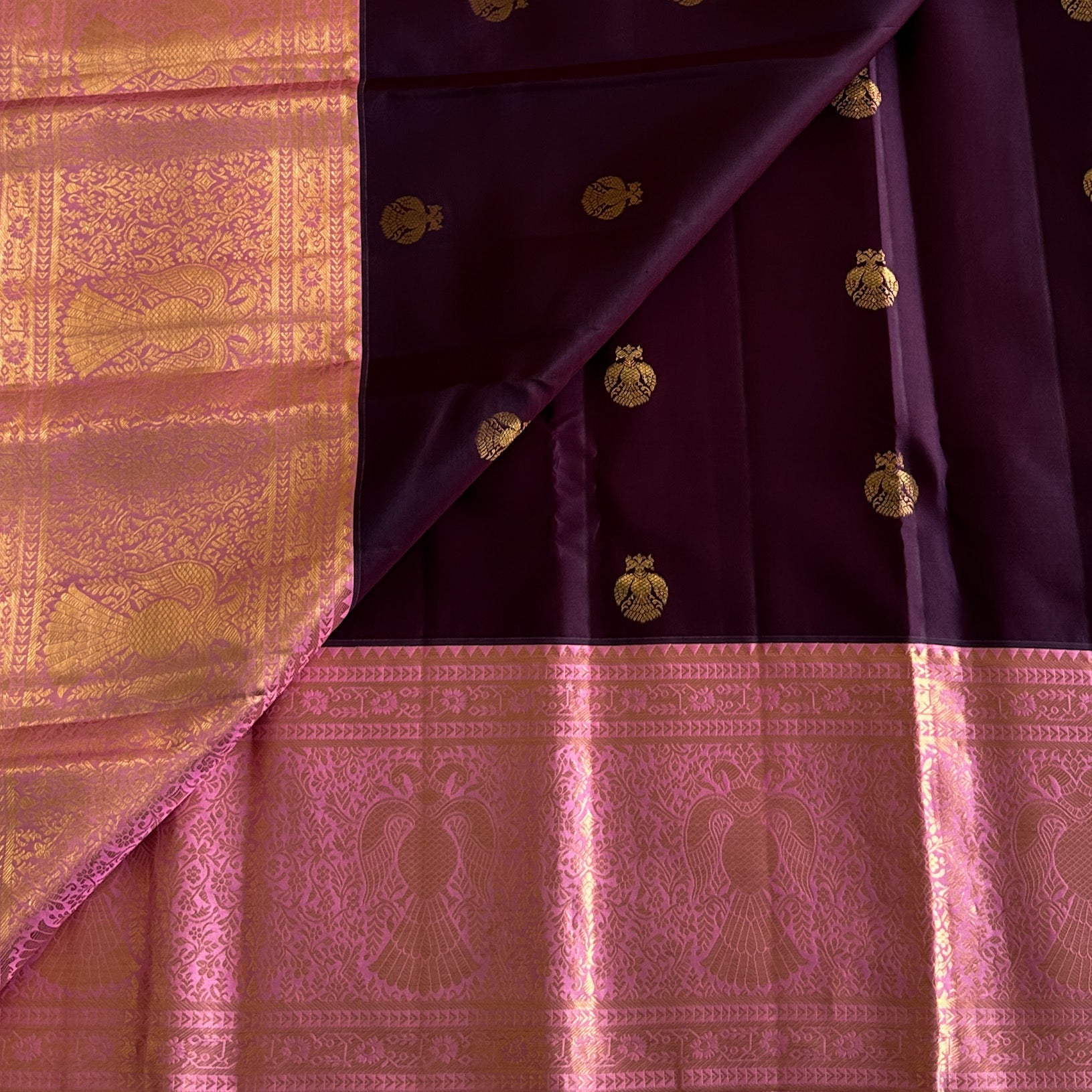 Regal Handwowen Masterweave Collective - Deep Purple with Rose Pink Kanjeevaram With Pure Zari Stunner