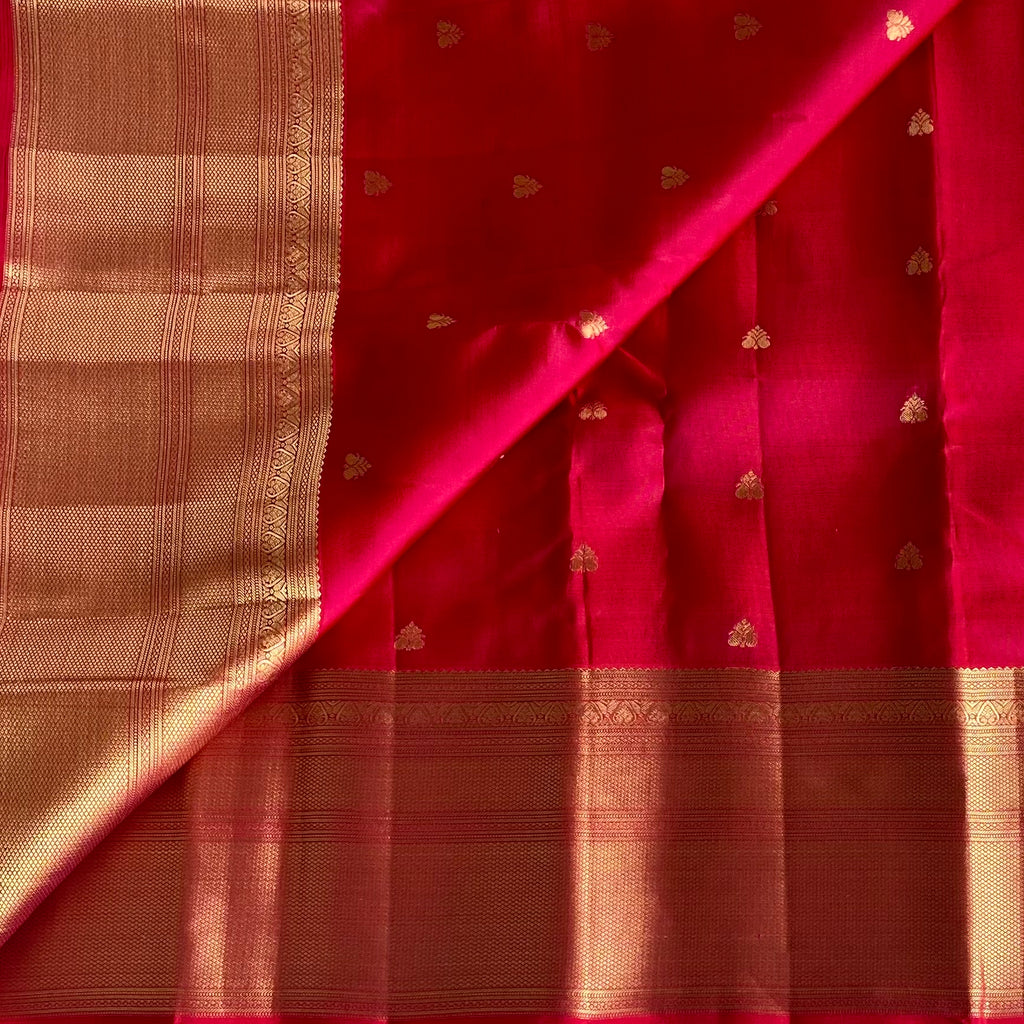 Ruby Red Designer Pure Silk Saree With Rani Pink Pallu Gold Border