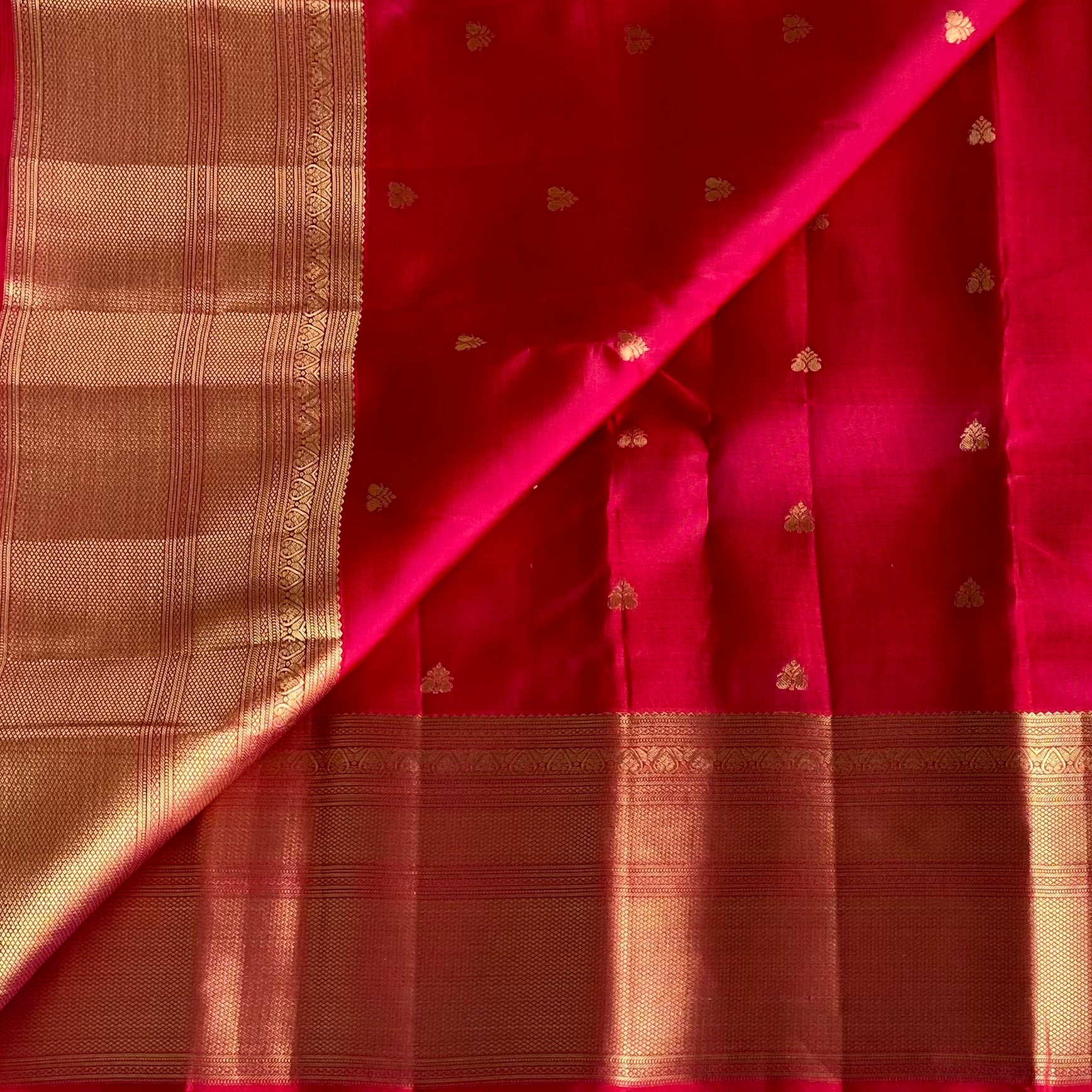 Ruby Red Designer Pure Silk Saree With Rani Pink Pallu Gold Border