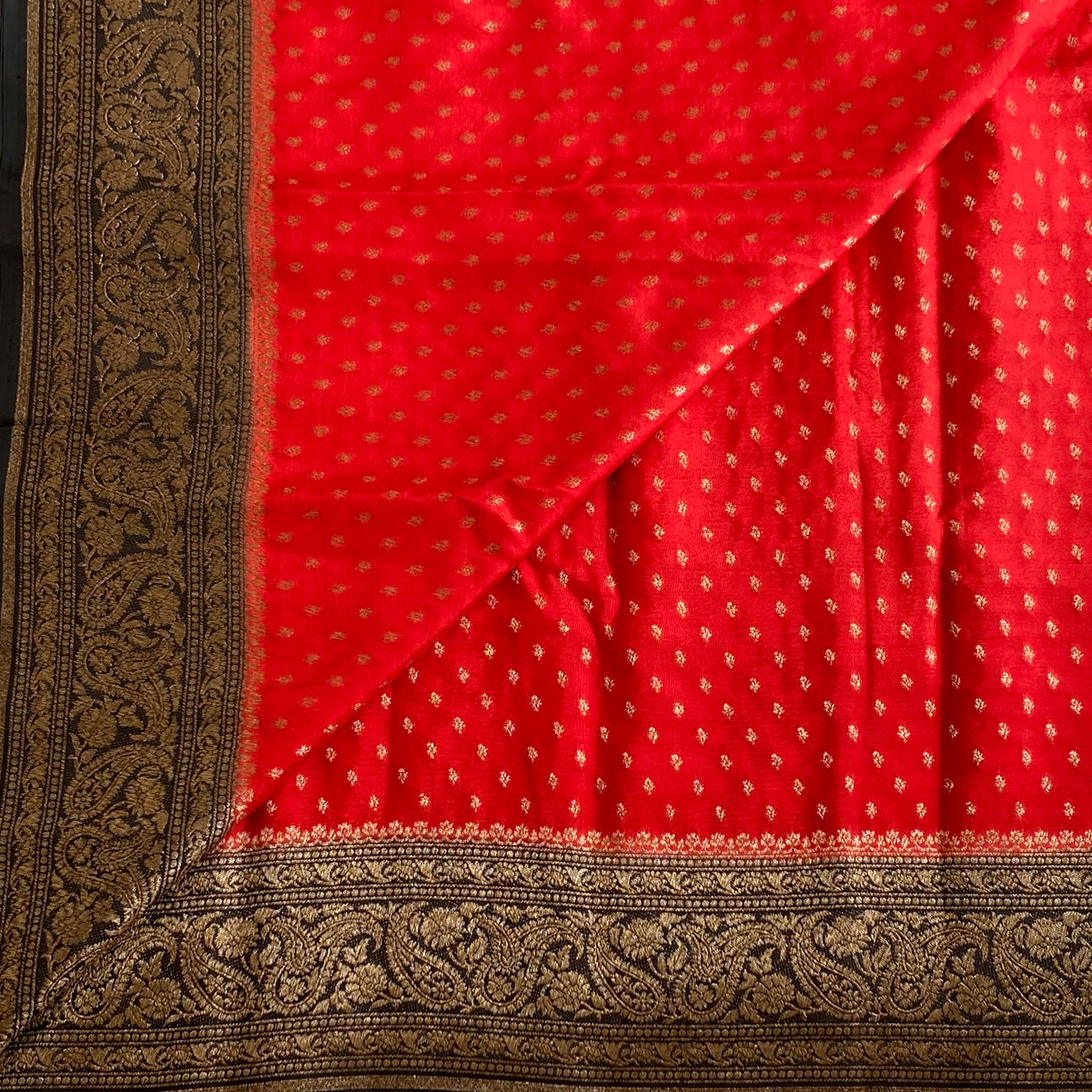 Crimson Red & Jet Black Banarasi Crepe Silk Saree With Antique Zari Buttas