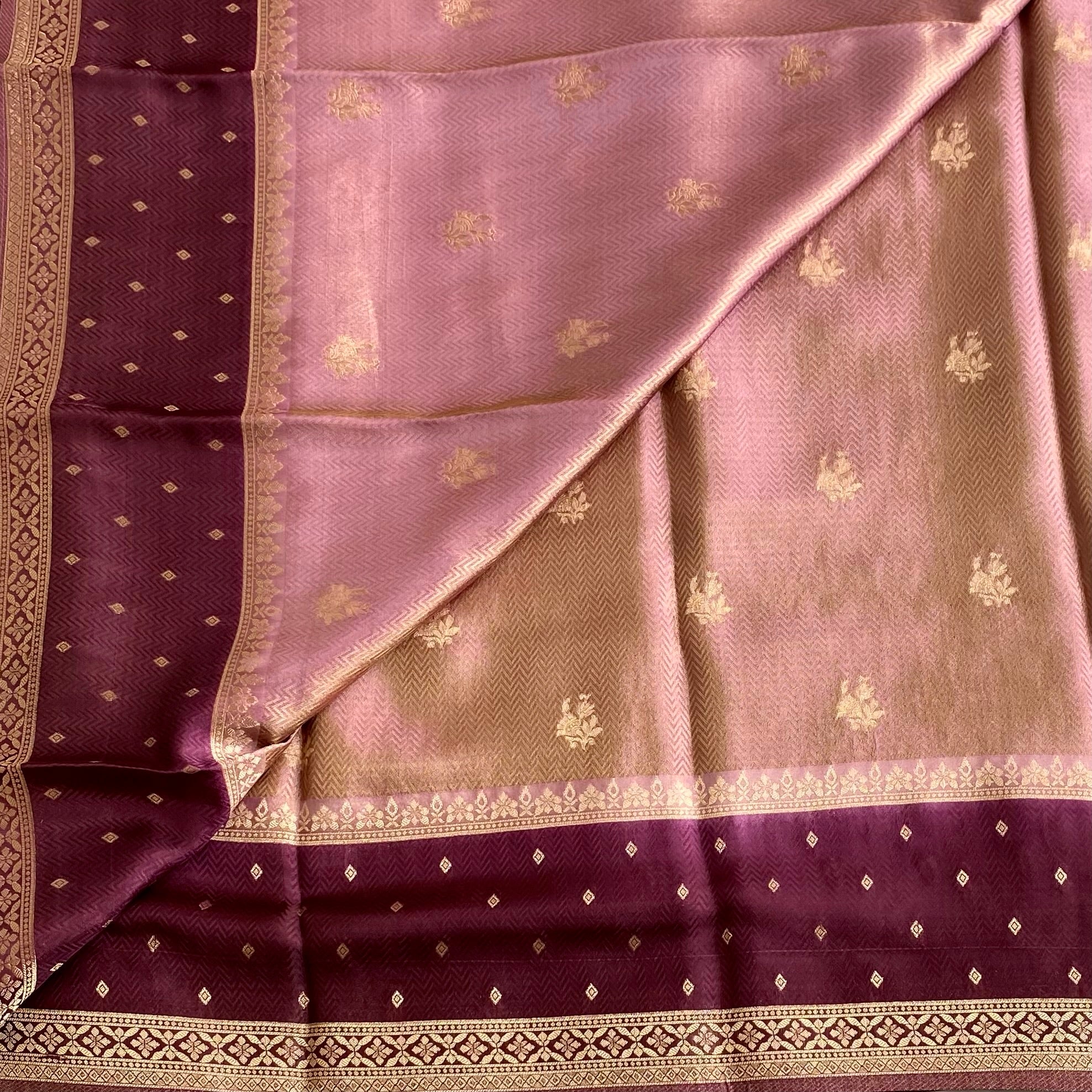 Rose Gold With Deep Wine Soft Crepe Silk with Designer Weave