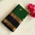 Emerald Green Silk Saree Gold Brocade Pallu Black Elephant Border