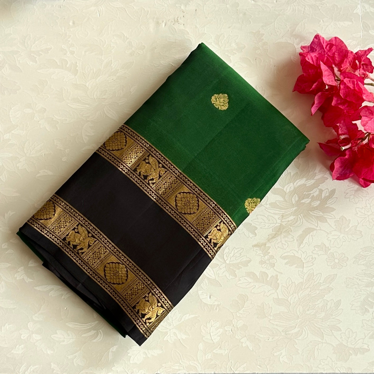 Emerald Green Silk Saree Gold Brocade Pallu Black Elephant Border