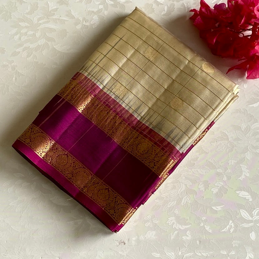 Champagne Pearl Beige With Deep Magenta Checkered Designer Pure Silk