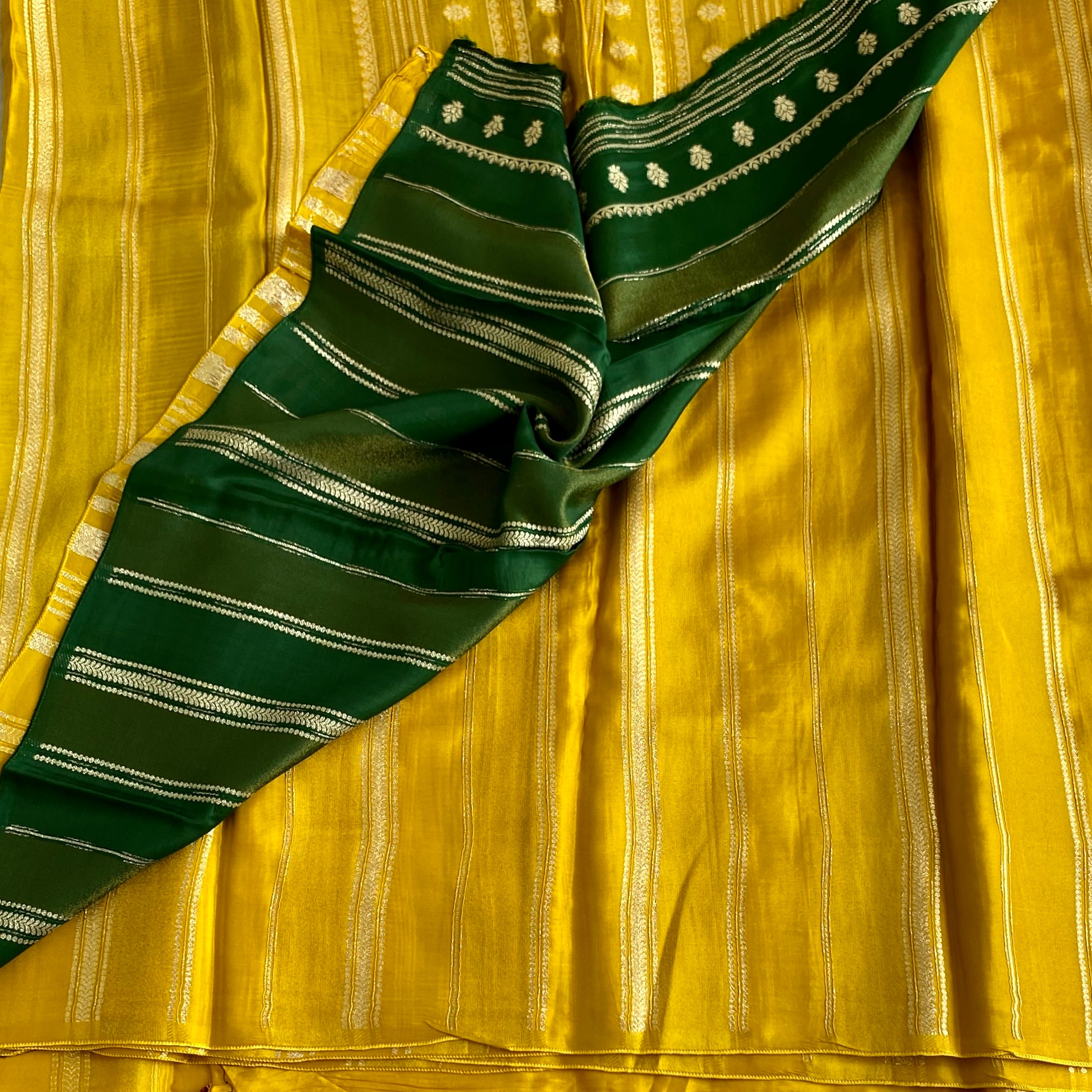 Traditional Mustard Yellow Zari Striped Saree with Emerald Accent