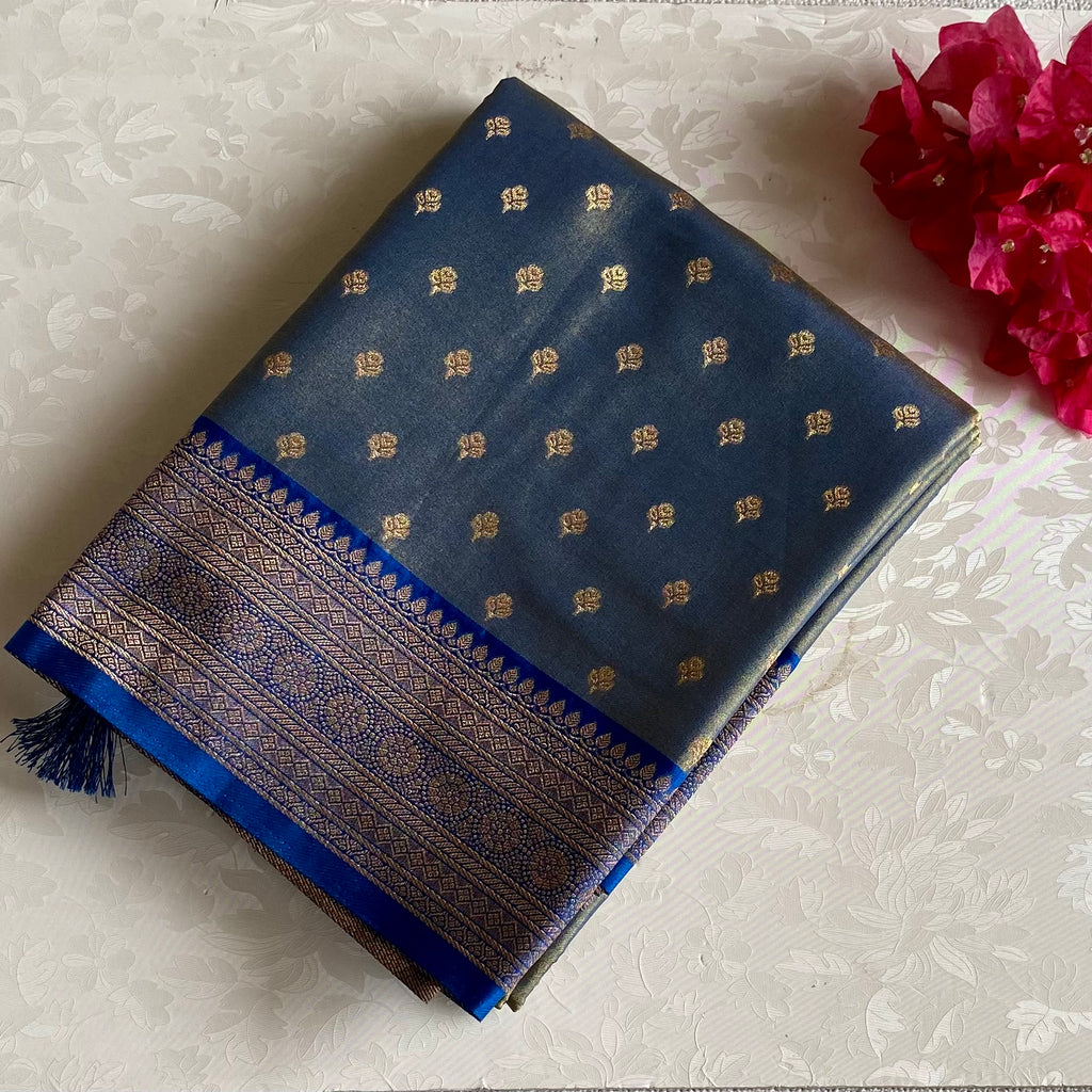 Traditional Teal Brocade Saree Antique Gold Pallu Deep Blue Border