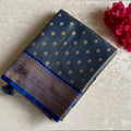 Traditional Teal Brocade Saree Antique Gold Pallu Deep Blue Border