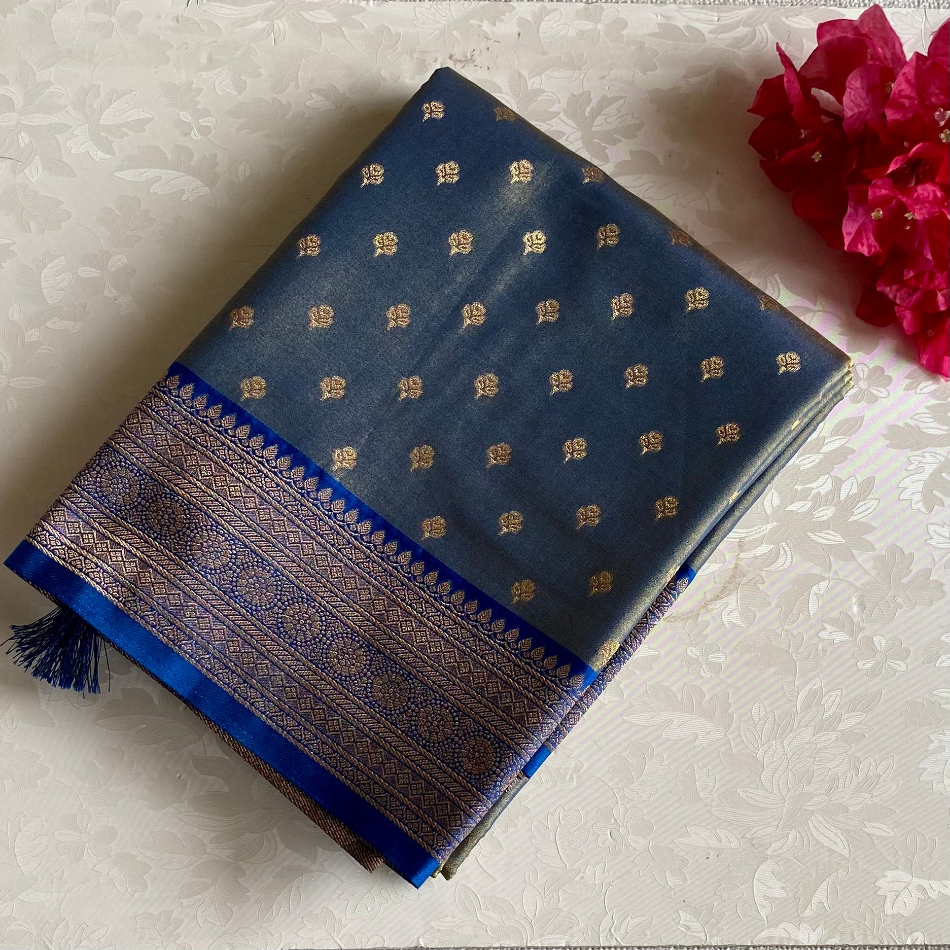 Traditional Teal Brocade Saree Antique Gold Pallu Deep Blue Border