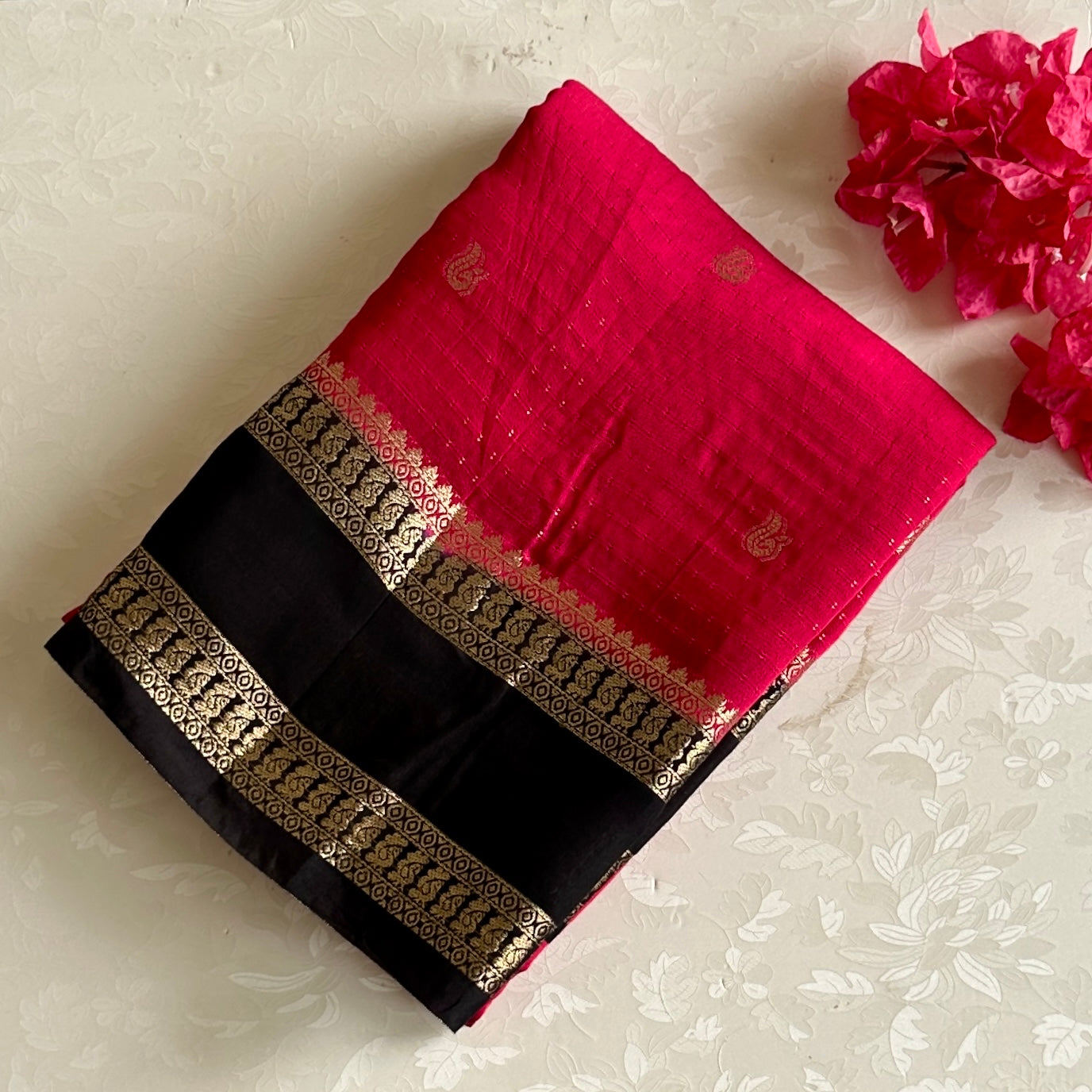 Rani Pink Soft Tussar Silk Saree With Jet Black Pallu