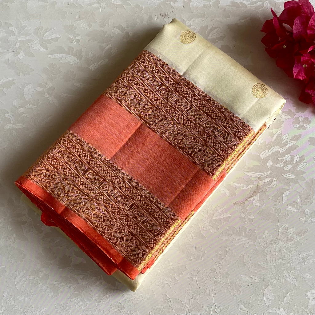 Masterweave Kanjeevaram in Pearl White & Dreamy Coral Pallu