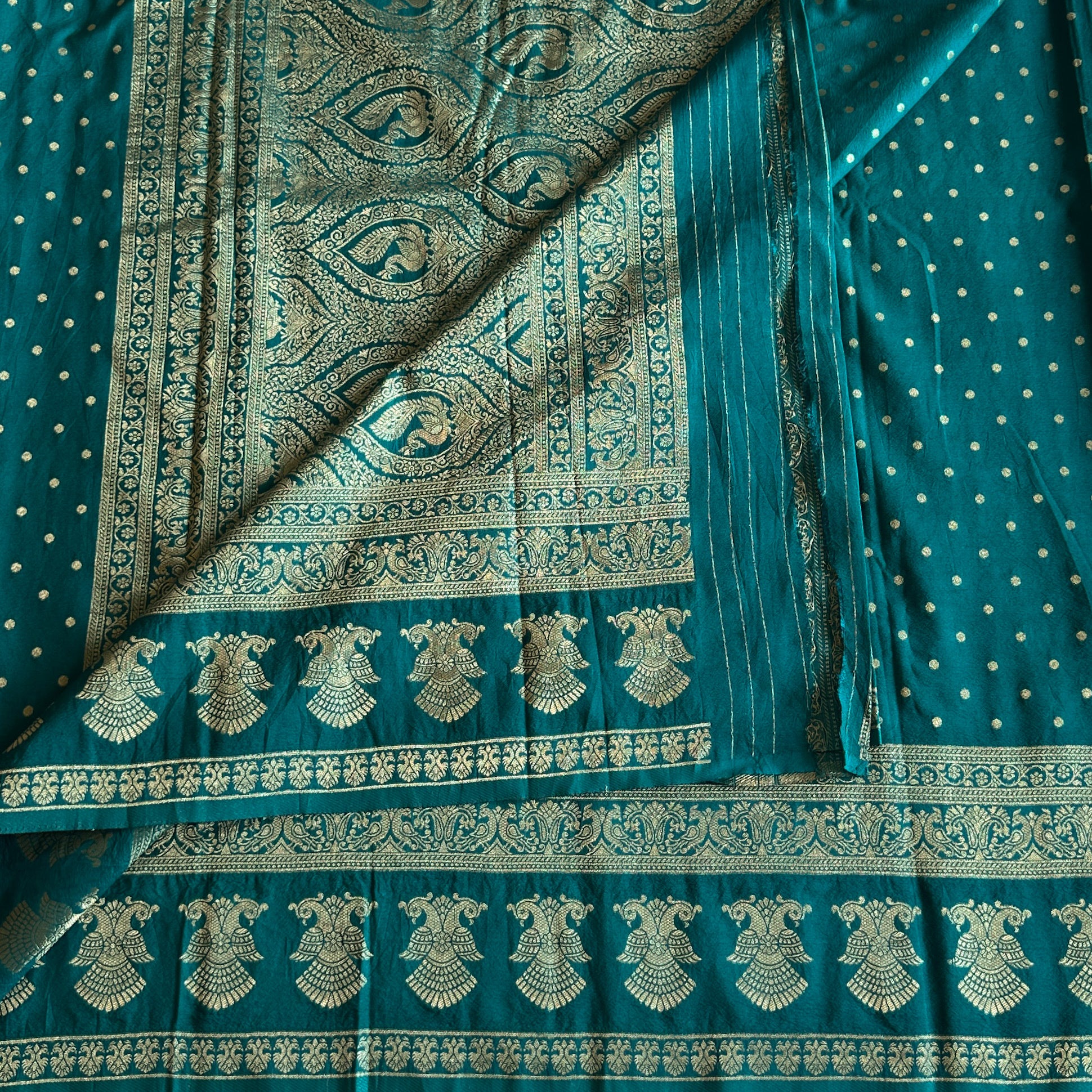 Teal Brocade Zari Saree Paisley Pallu Dotted Buti Traditional Wedding