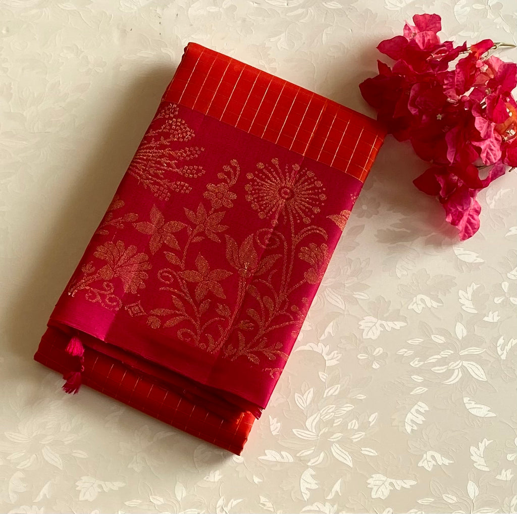 Ethereal Magenta Gold Brocade Saree with Vermilion Checked Pallu Border