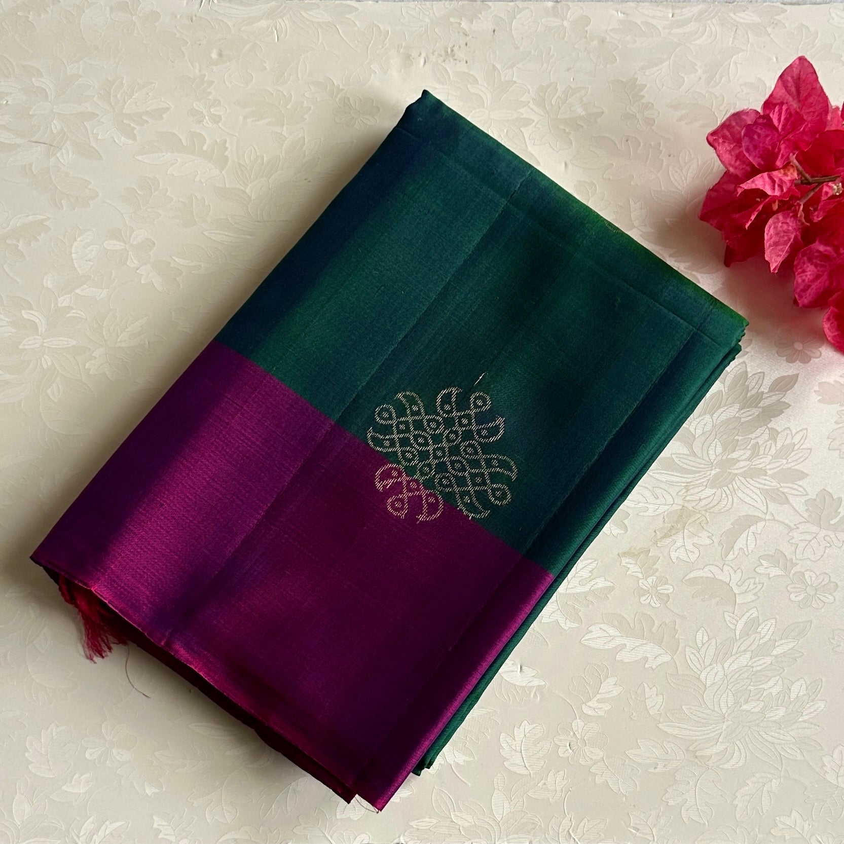 Magenta Green Silk Saree Gold Zari Intricate Buta Work Traditional