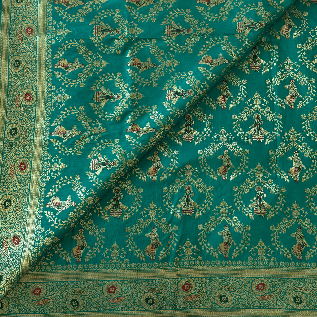 Emerald Teal Banarasi Silk Saree Gold Zari Dancer Motifs Rich
