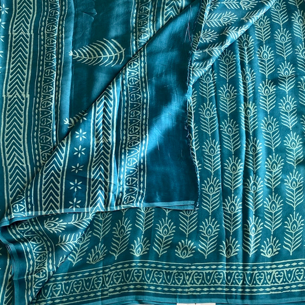 Dreamy Blue Ajrakh Handblock Printed Silk Saree Feather buttas