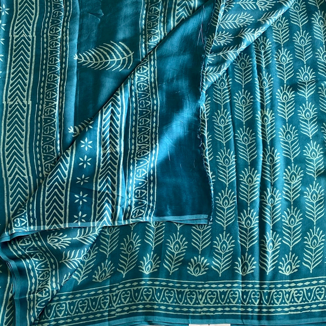 Dreamy Blue Ajrakh Handblock Printed Silk Saree Feather buttas