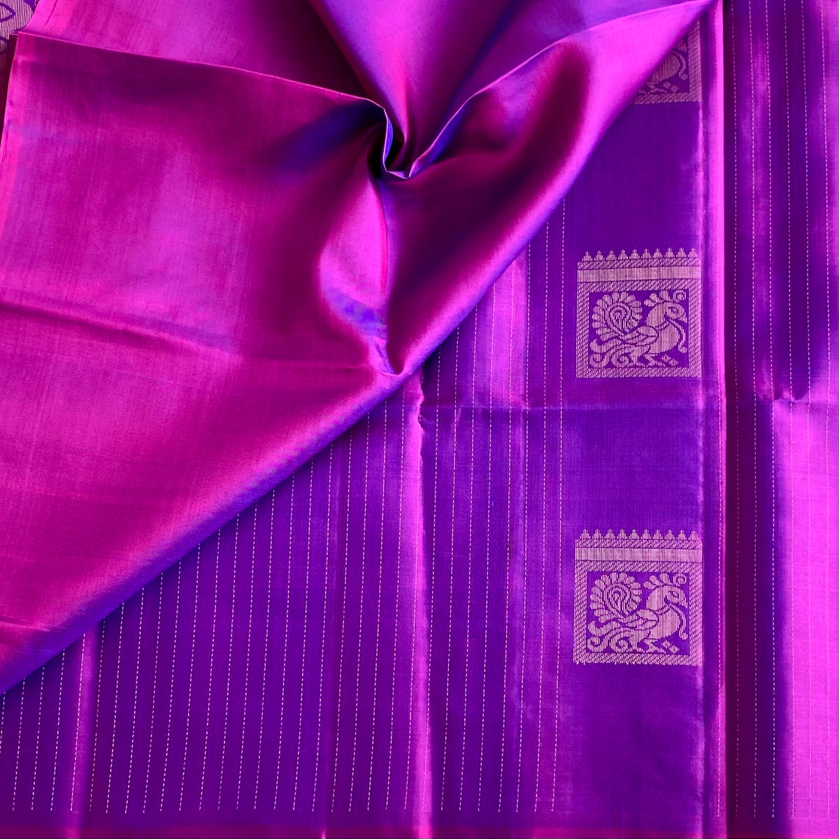 Dual Shaded Magenta Purple Designer Pure Silk With Peacock Zari