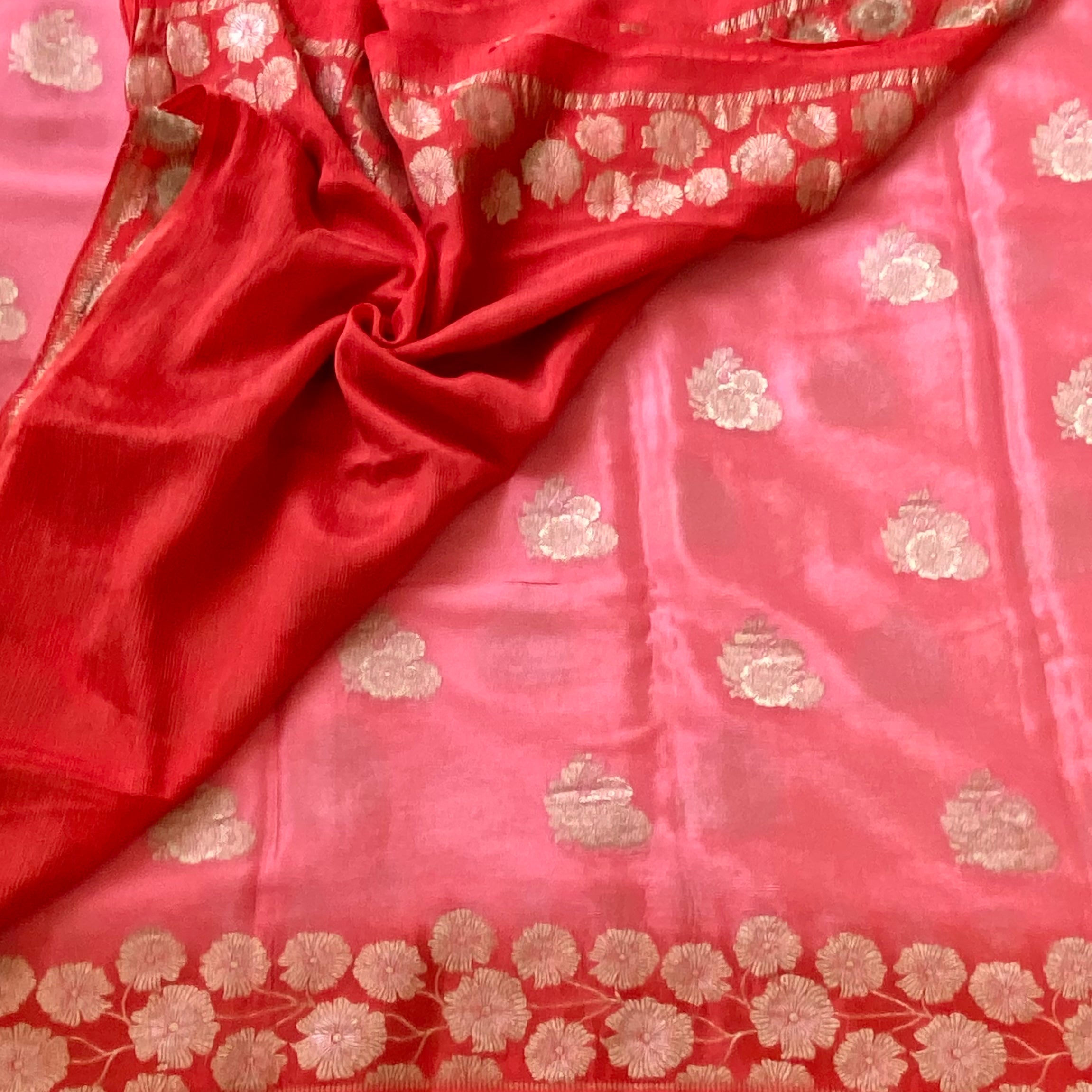 Ombre Coral with red lightest weight soft Georgette elegance