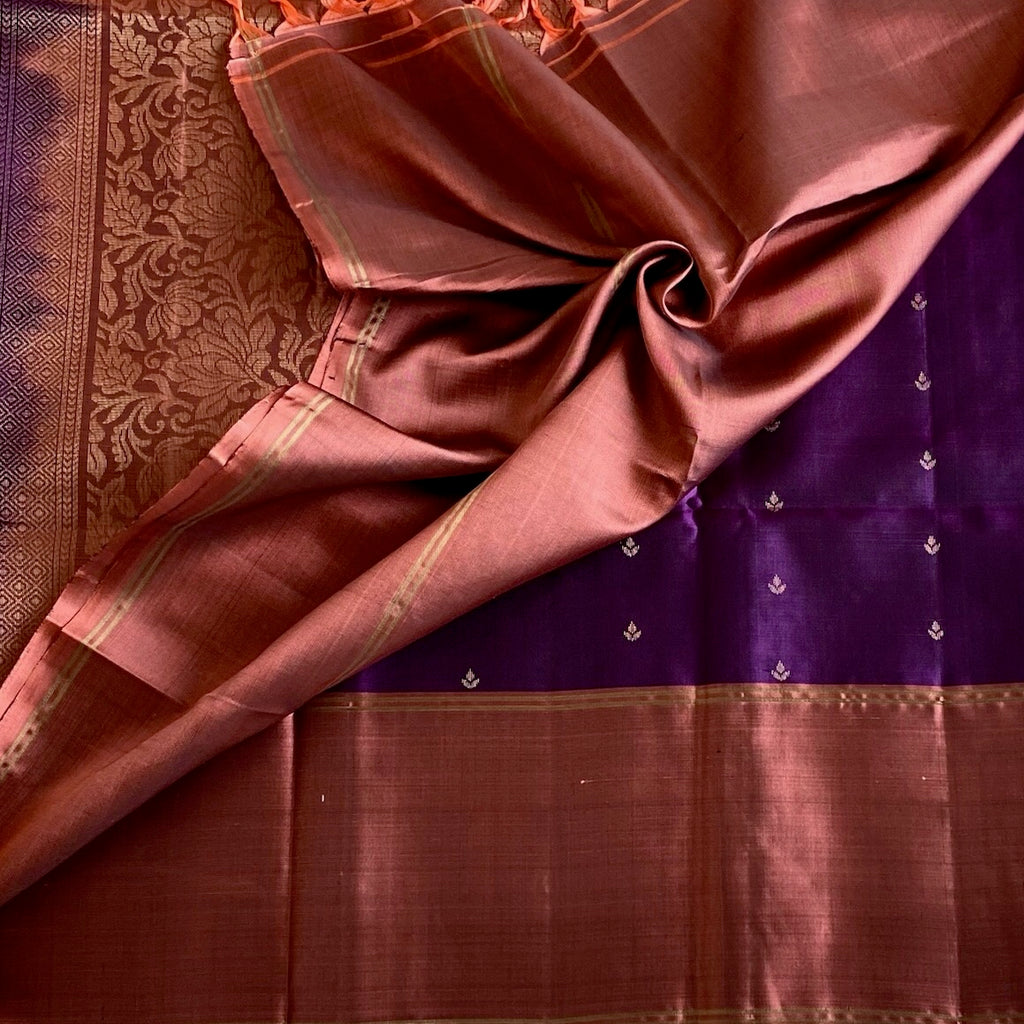 Burnt Orange Designer Pure Silk Saree With Deep Purple Pallu