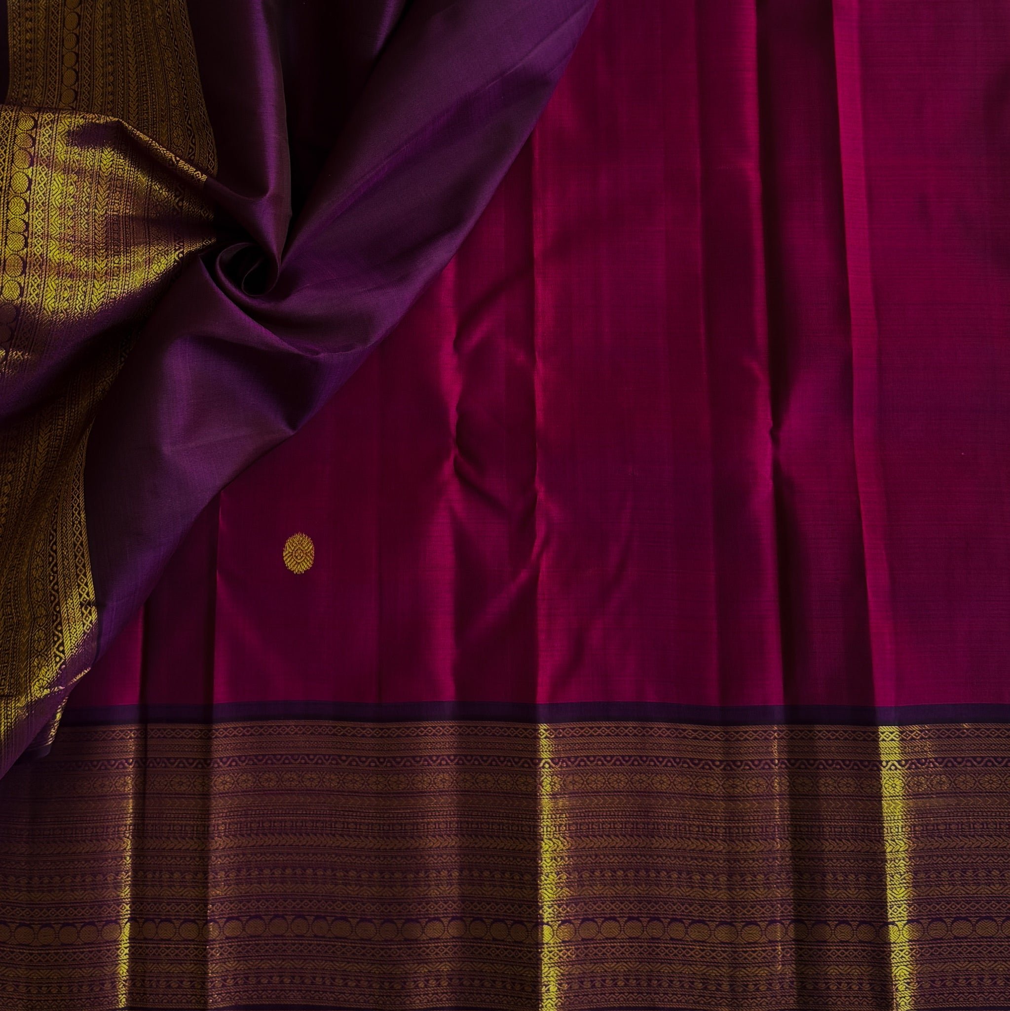 Elegant Magenta Gold Zari Butta Saree with Broad Purple Border