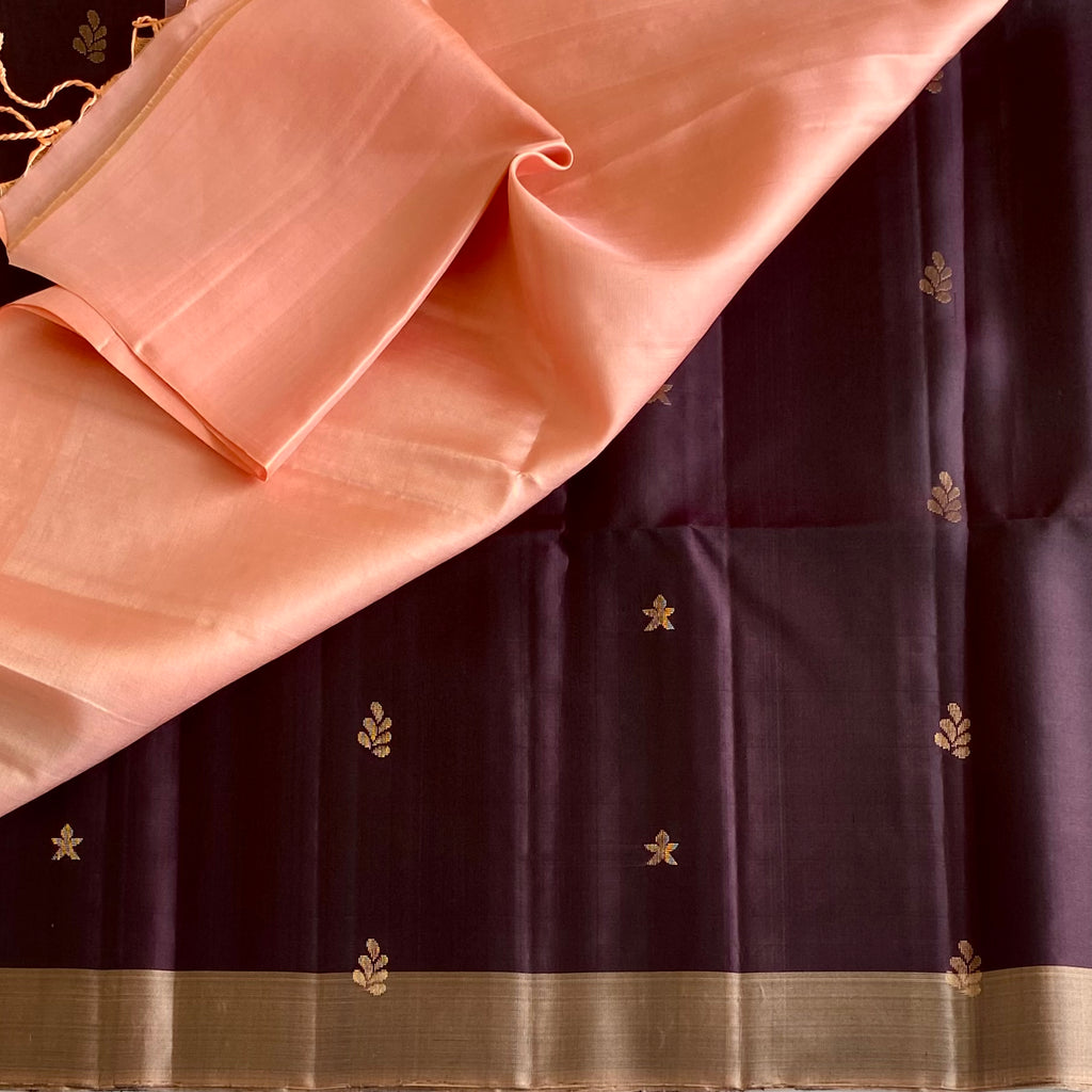 Deep Plum Designer Pure Silk Saree With Blush Peach Pallu