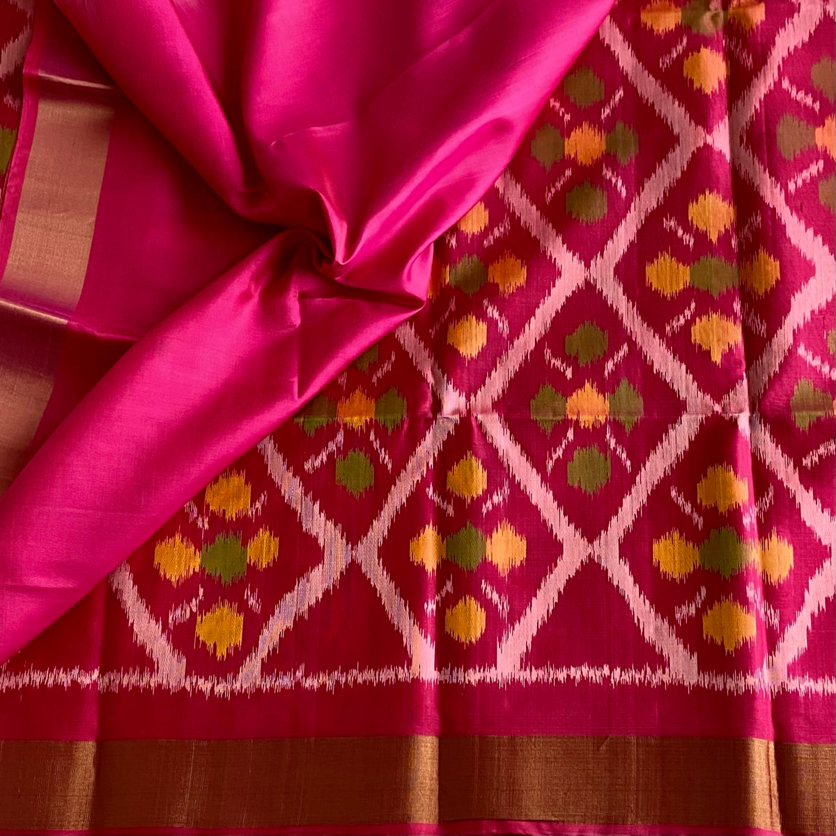 Rani Pink Designer Ikkat Pure Silk Saree With Mustard Yellow And Gold Border
