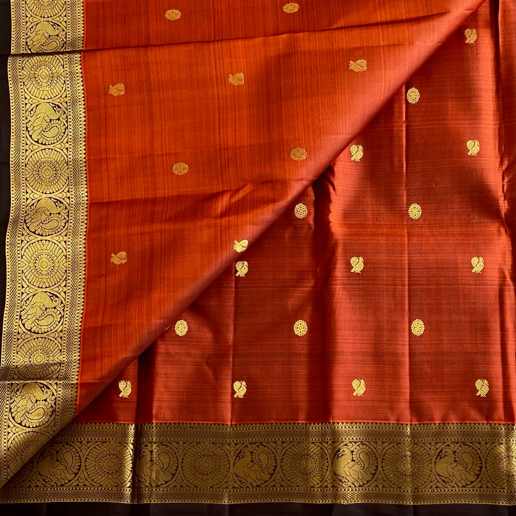 Classic Burnt Orange With Espresso Brown Pure Zari Kanjeevaram