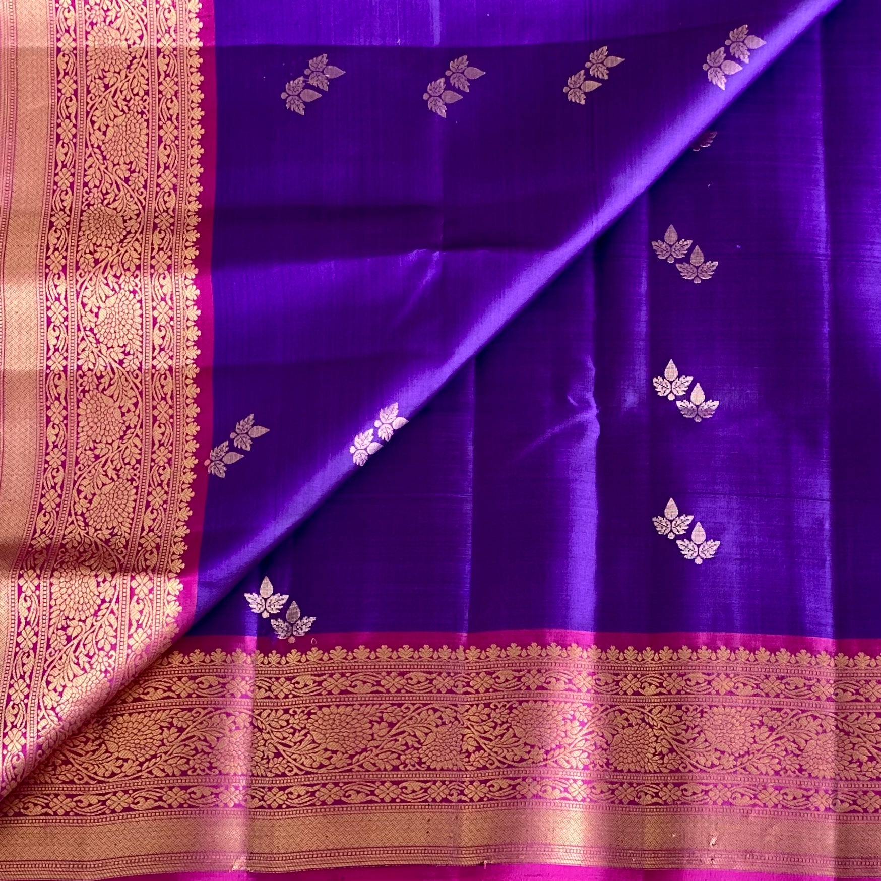 Royal Purple Designer Pure Silk Saree With Rani Pink Pallu