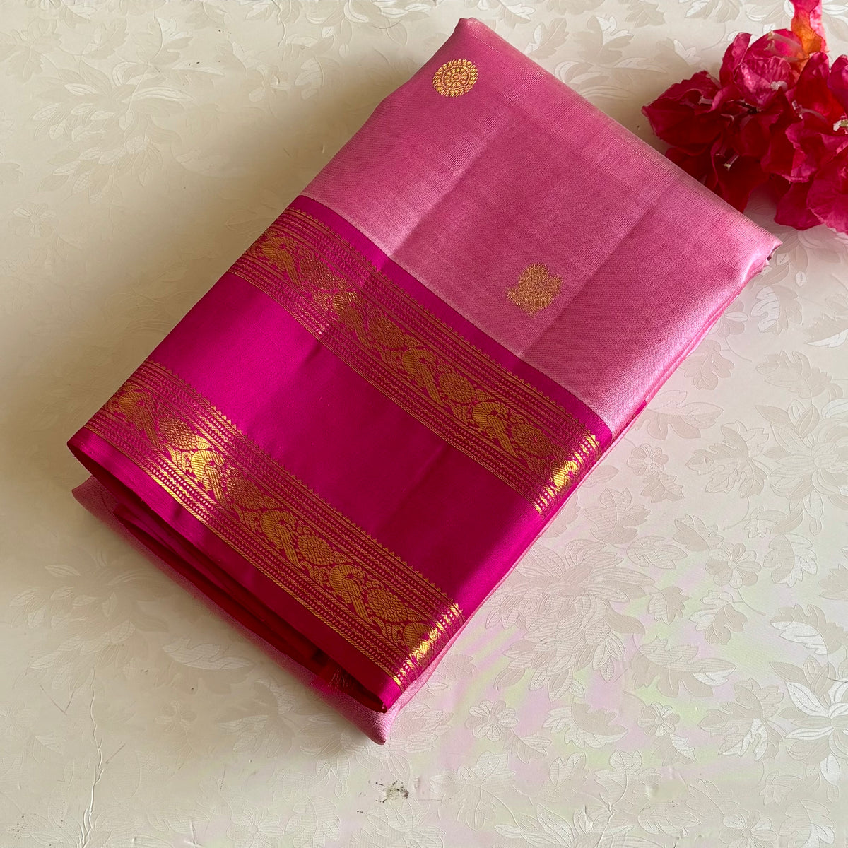 Blush Pink Kanjeevaram Pure Zari Silk Saree With Magenta Pink Pallu