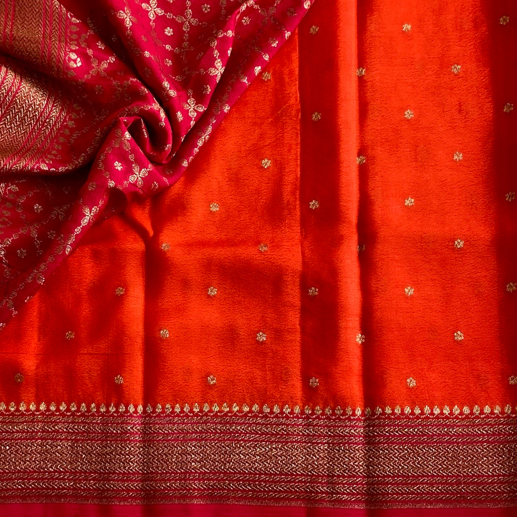 Tangerine Orange & Rani Pink Banarasi Crepe Silk Saree With Border