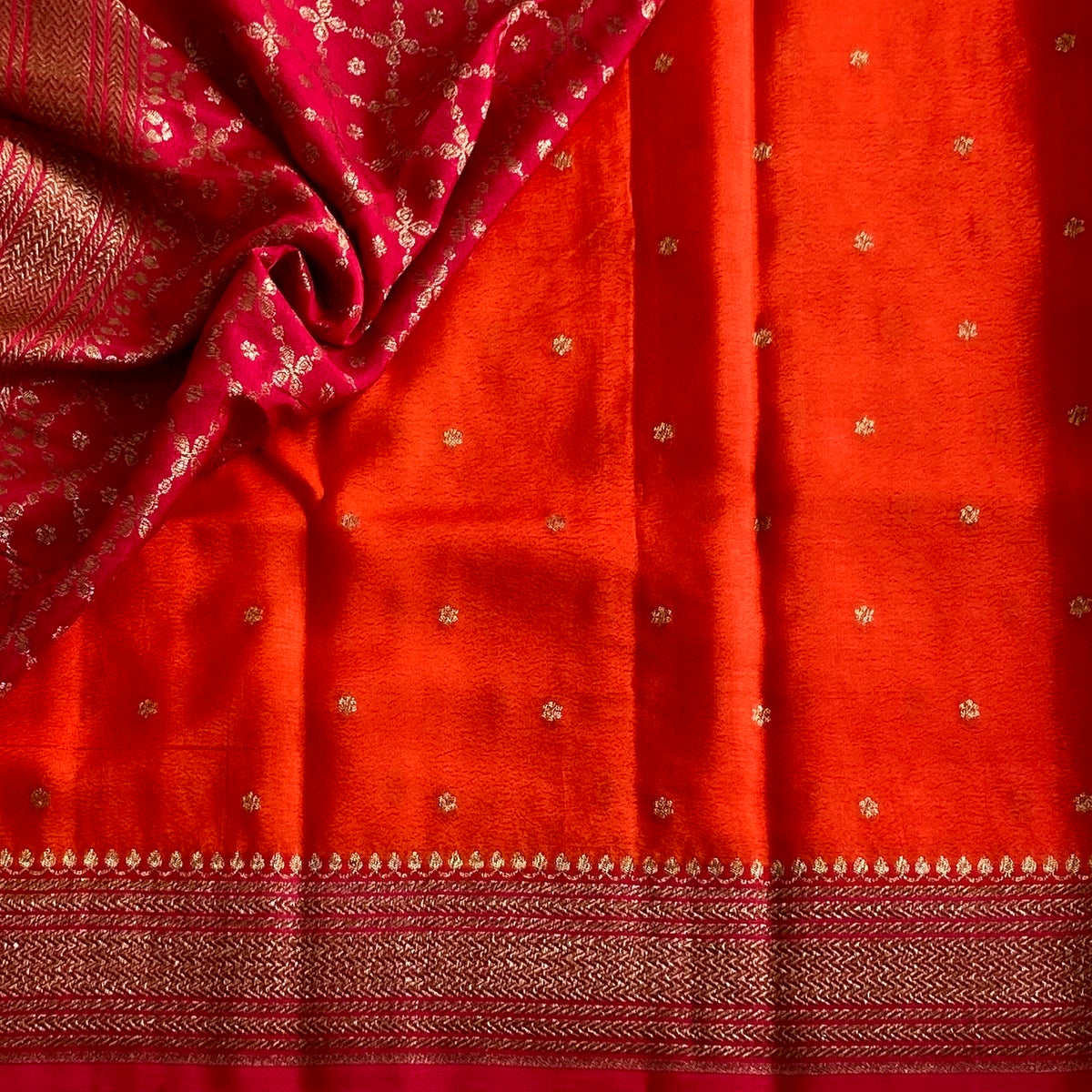 Tangerine Orange & Rani Pink Banarasi Crepe Silk Saree With Border