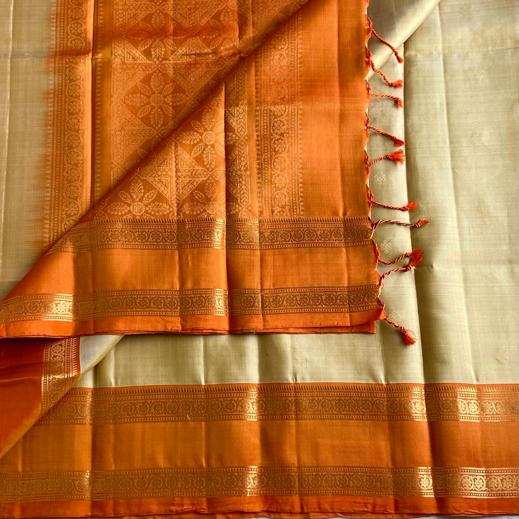 Antique Beige Designer Pure Silk Saree With Saffron Orange Pallu