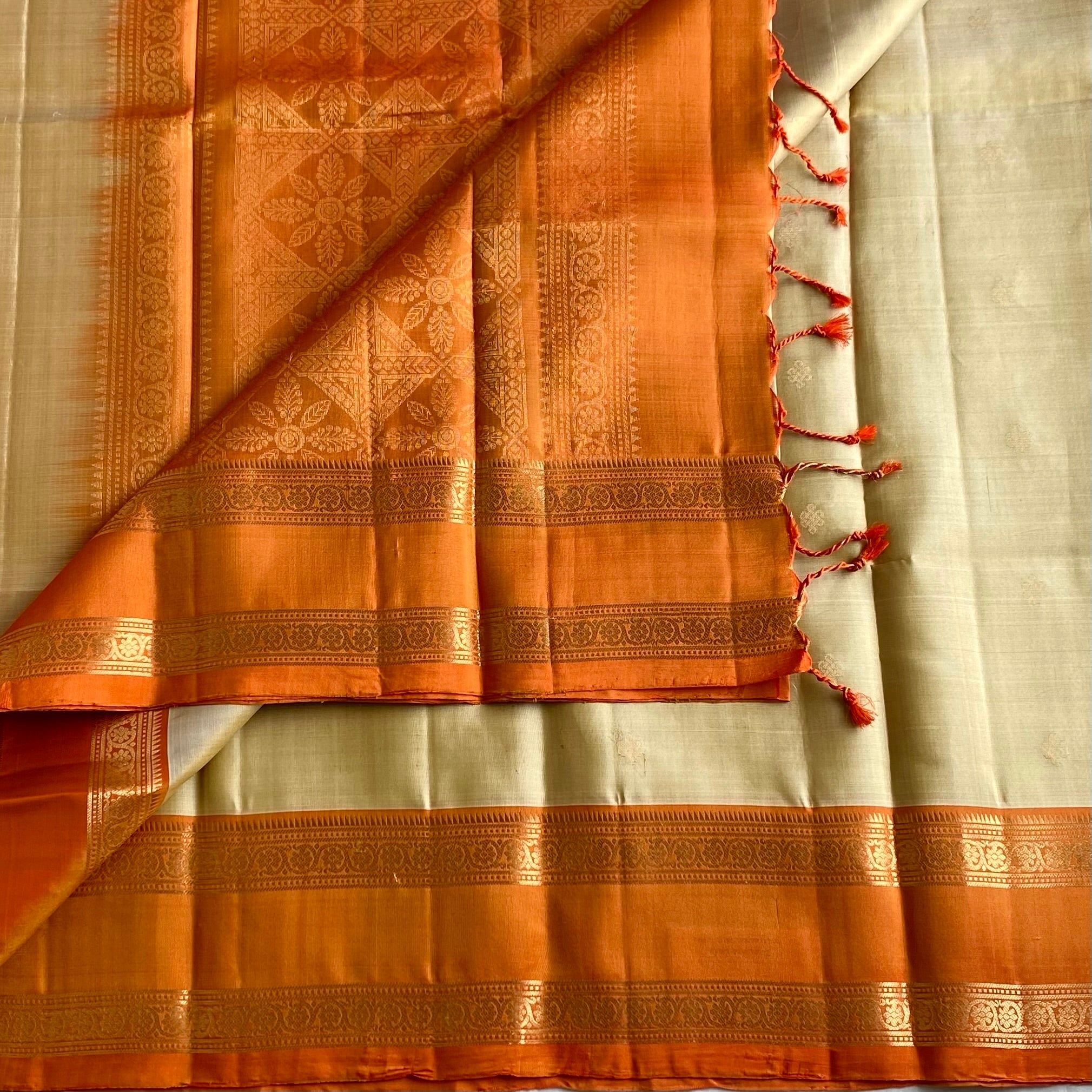 Antique Beige Designer Pure Silk Saree With Saffron Orange Pallu
