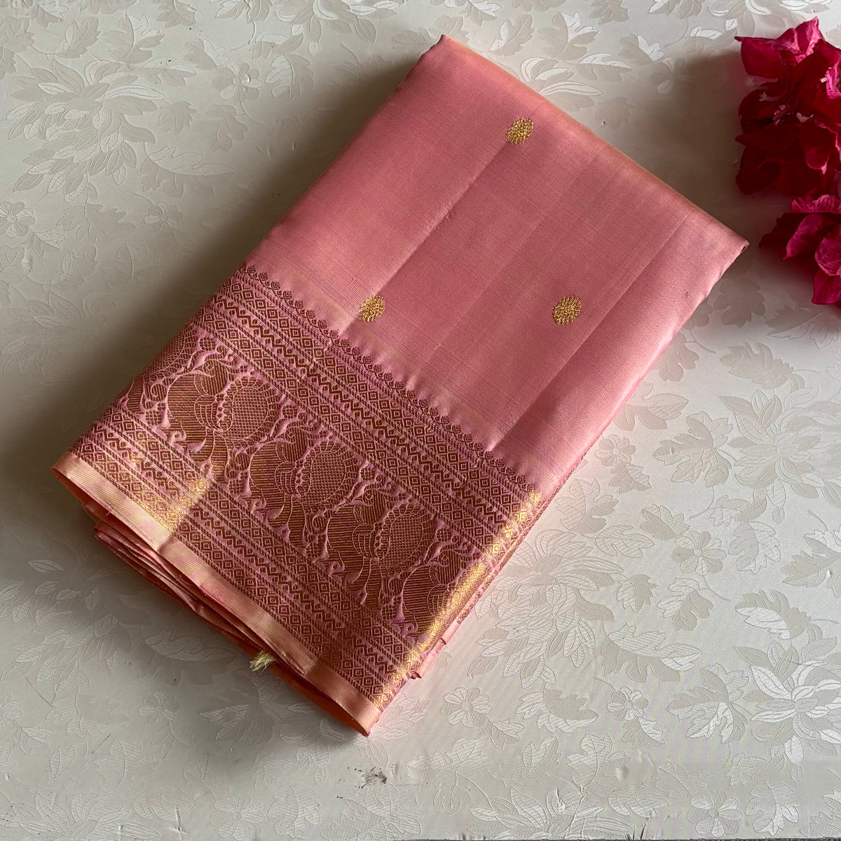 Blush Pink Kanjeevaram Pure Zari Silk Saree Gold Zari Border