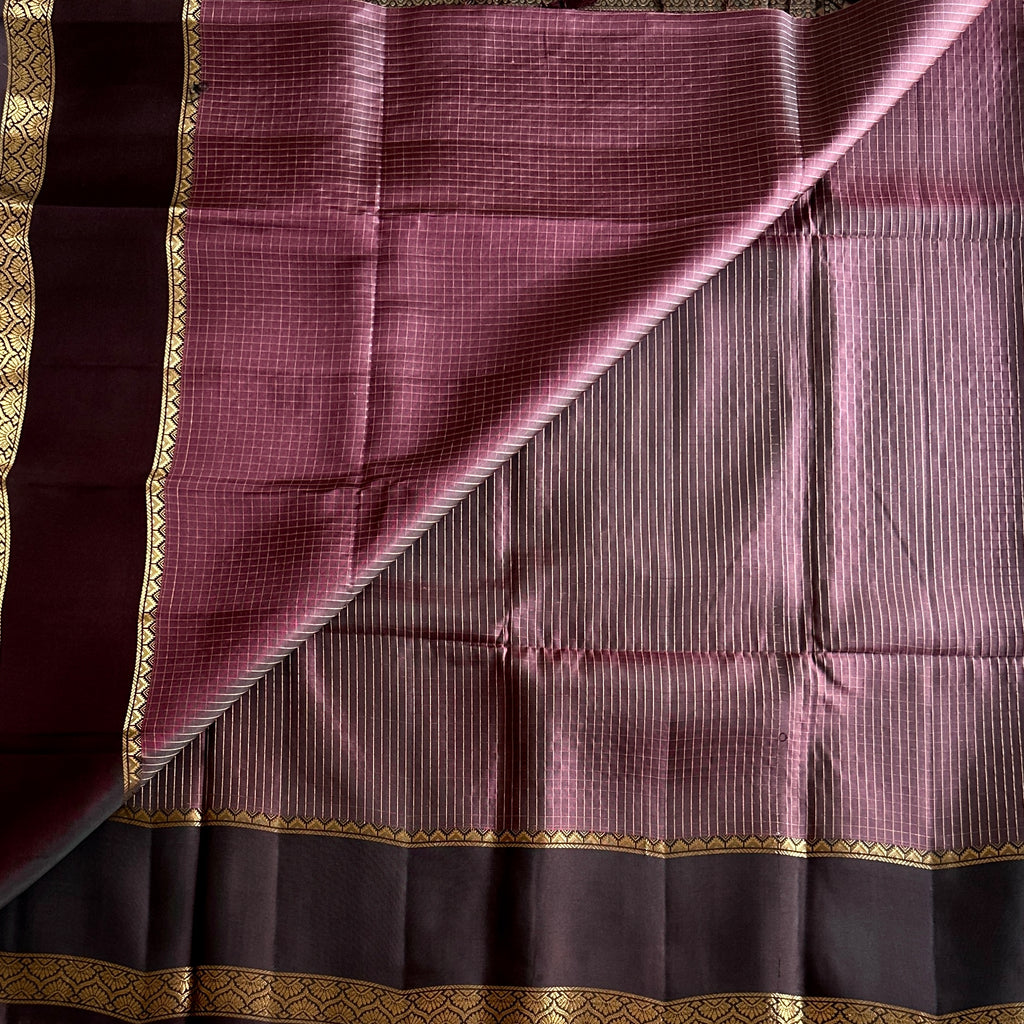 Plum Gold Zari Leaf Border Saree Striped Pallu Traditional Wear