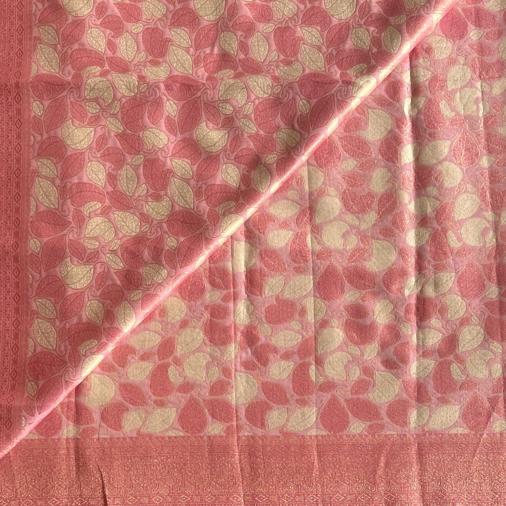 Rose Pink Silk Saree Pale Gold Leaf Zari Border Tassel Pallu
