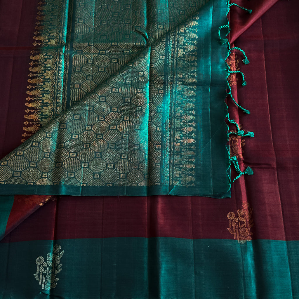 Deep Wine Maroon with Turquoise Silk Saree Silver Brocade Floral Geometric Weave Traditional