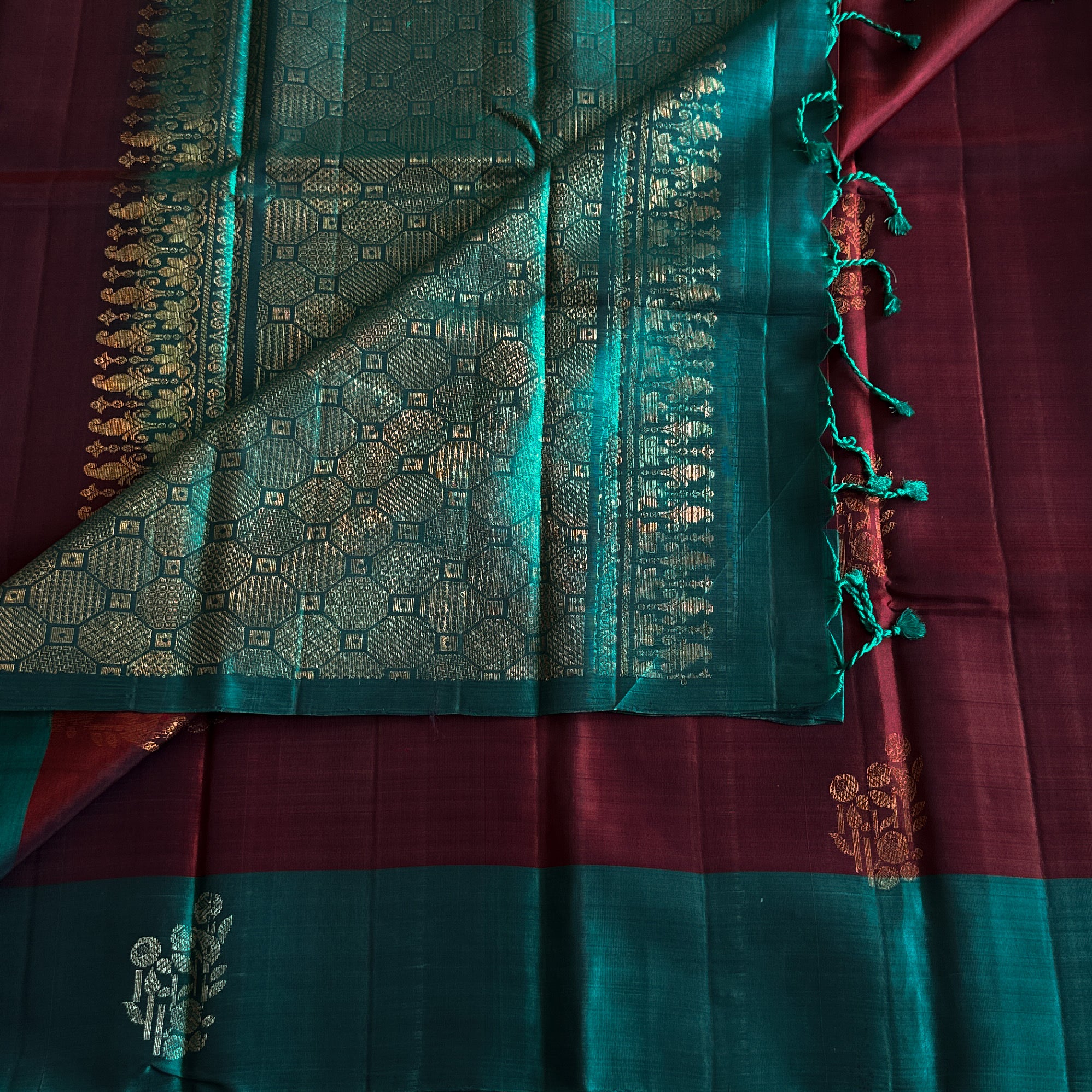 Deep Wine Maroon with Turquoise Silk Saree Silver Brocade Floral Geometric Weave Traditional
