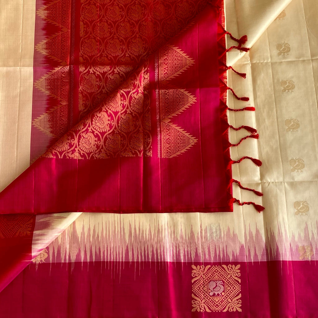 Ivory Pearl Designer Pure Silk Saree With Rani Pink And Gold Brocade